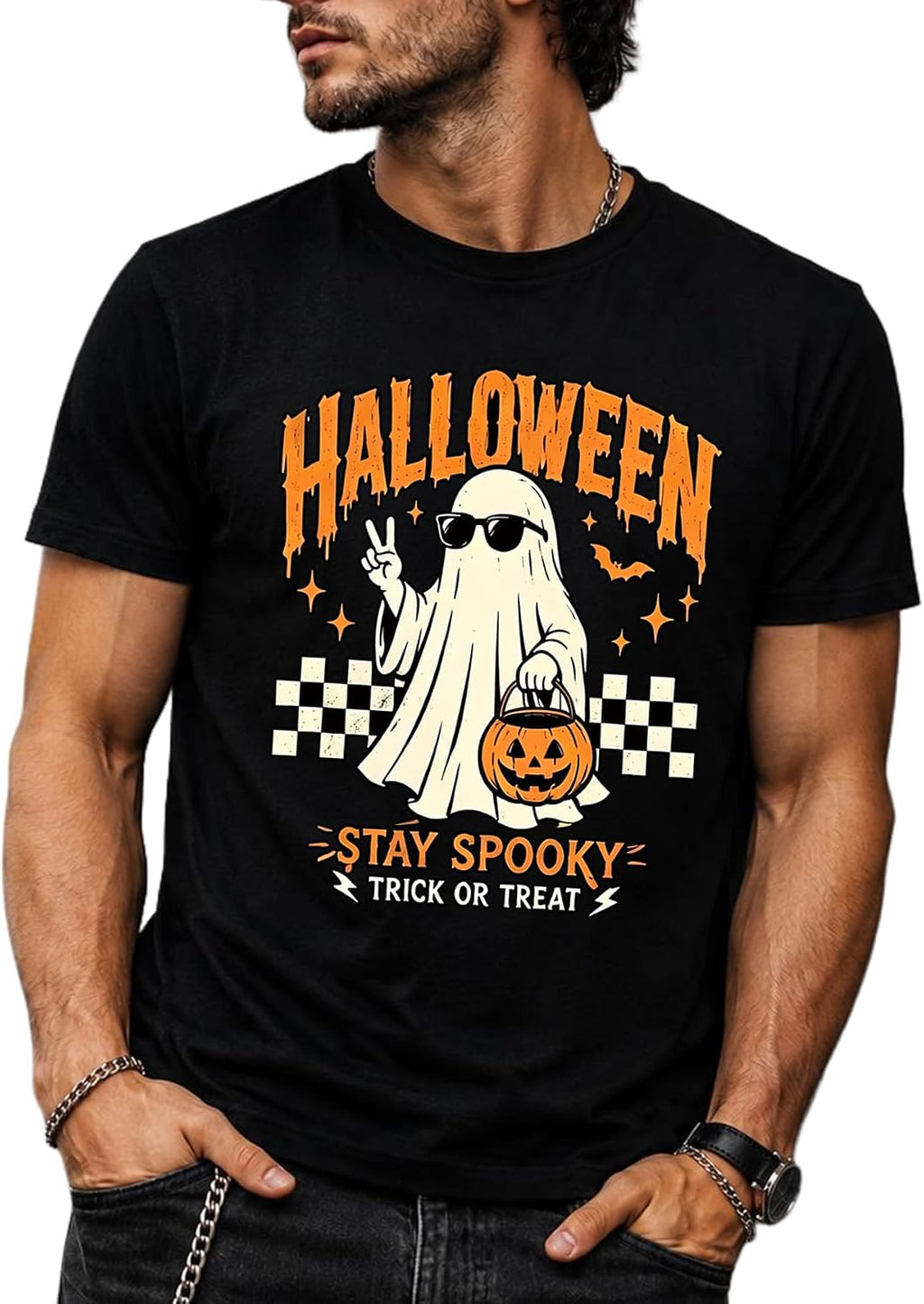 Men's Halloween Stay Spooky Trick or Treat Ghost Graphic T-Shirt