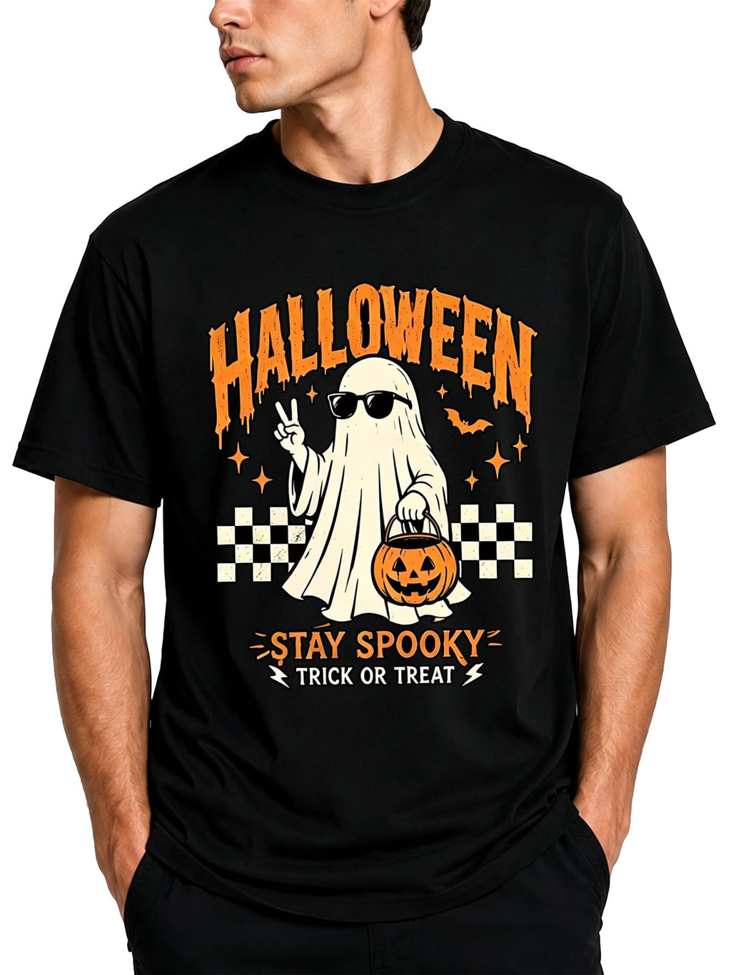 Men's Halloween Stay Spooky Trick or Treat Ghost Graphic T-Shirt