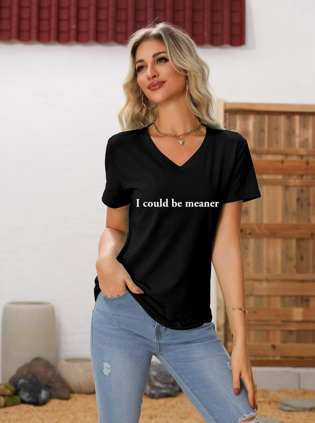 I Could Be Meaner T Shirt Funny T Shirts for Women V Neck Graphic Tees Vintage Casual Short Sleeve Sarcastic Tops