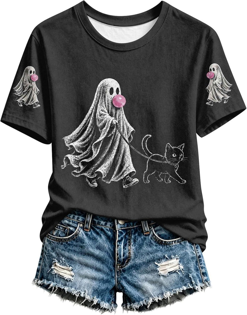 Cute Halloween Shirts for Women Crewneck Short Sleeve Witch Bat Pumpkin Boo