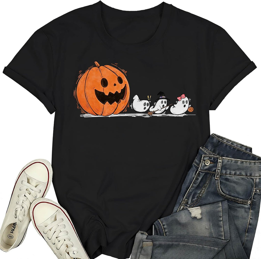 Halloween Shirts for Women Funny Ghost Pumpkin T-Shirt