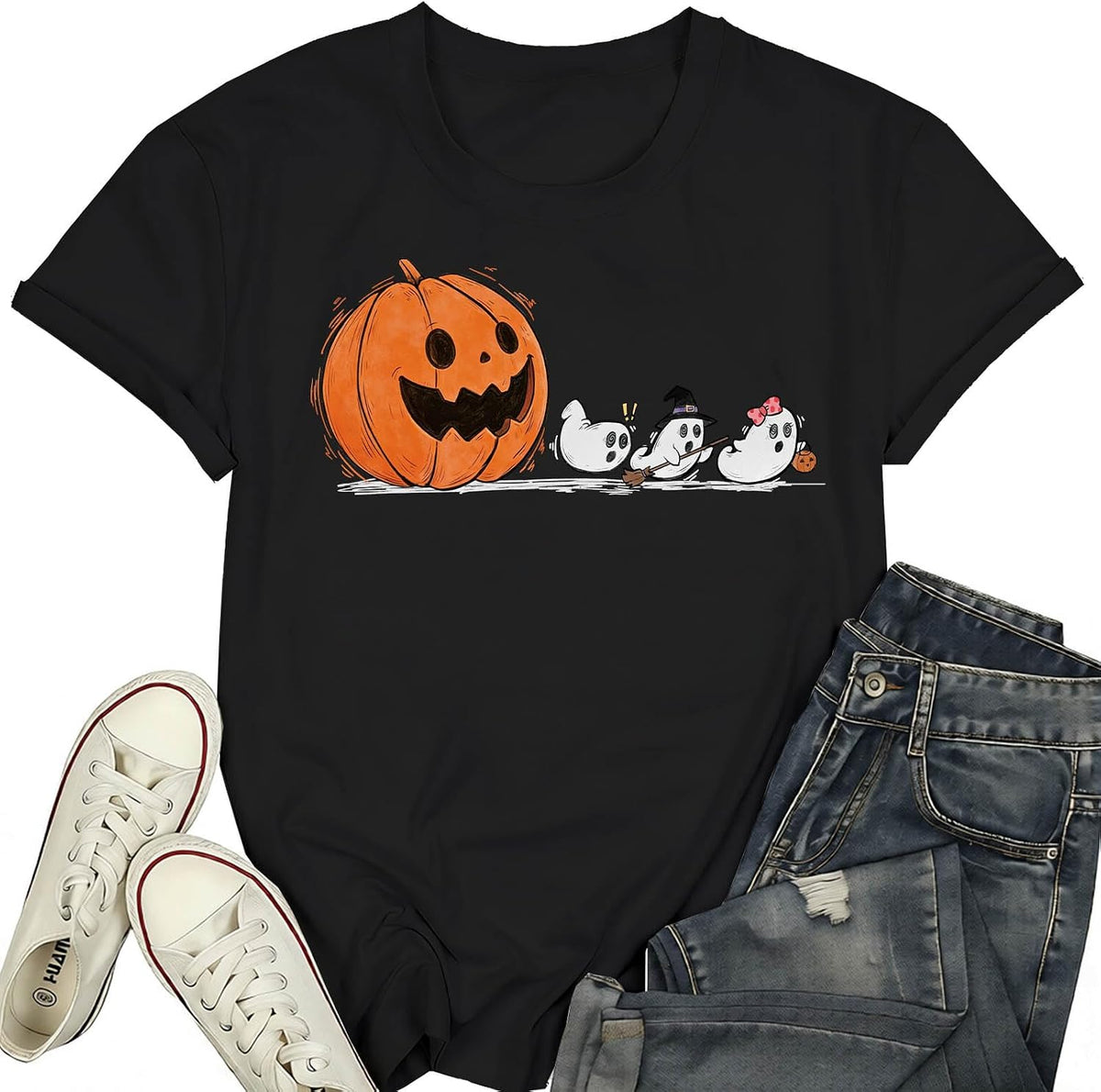 Halloween Shirts for Women Funny Ghost Pumpkin T-Shirt