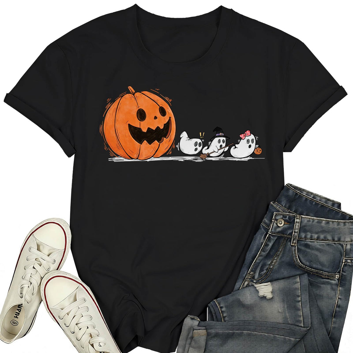 Halloween Shirts for Women Funny Ghost Pumpkin T-Shirt