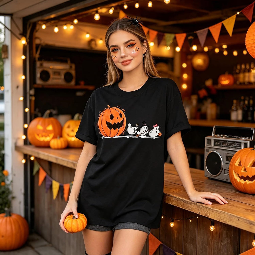Halloween Shirts for Women Funny Ghost Pumpkin T-Shirt