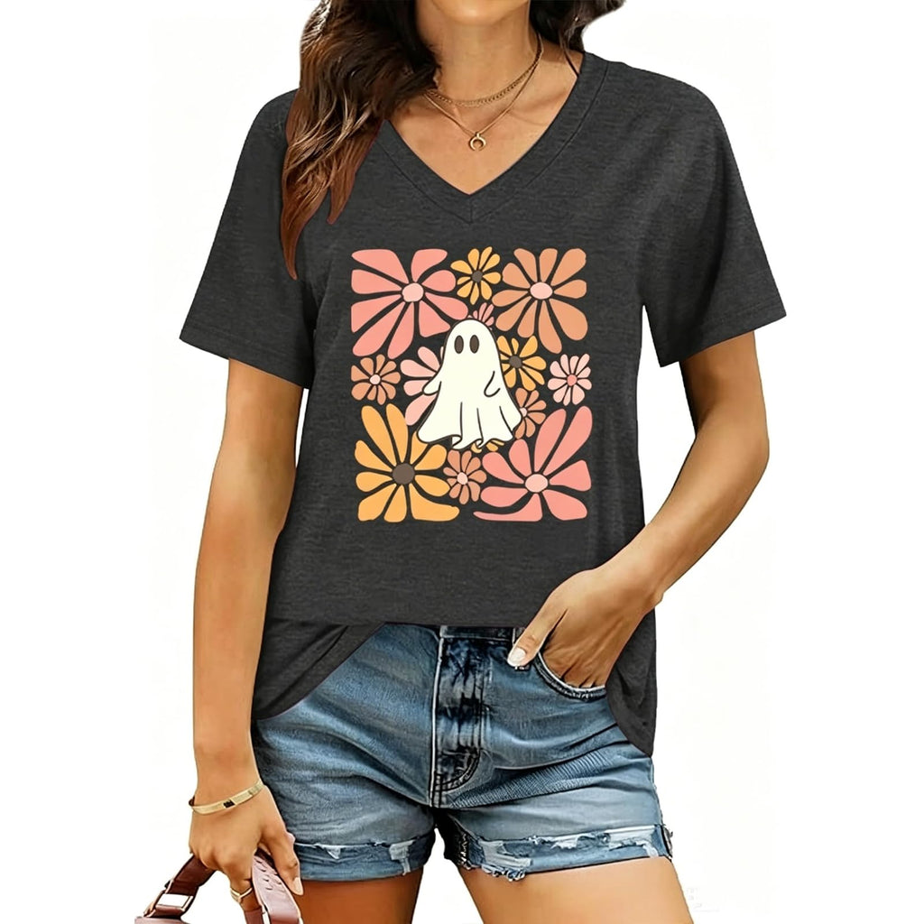 Halloween V Neck T Shirts Women Ghost Boo Pumpkin Tee Holiday Party Tops
