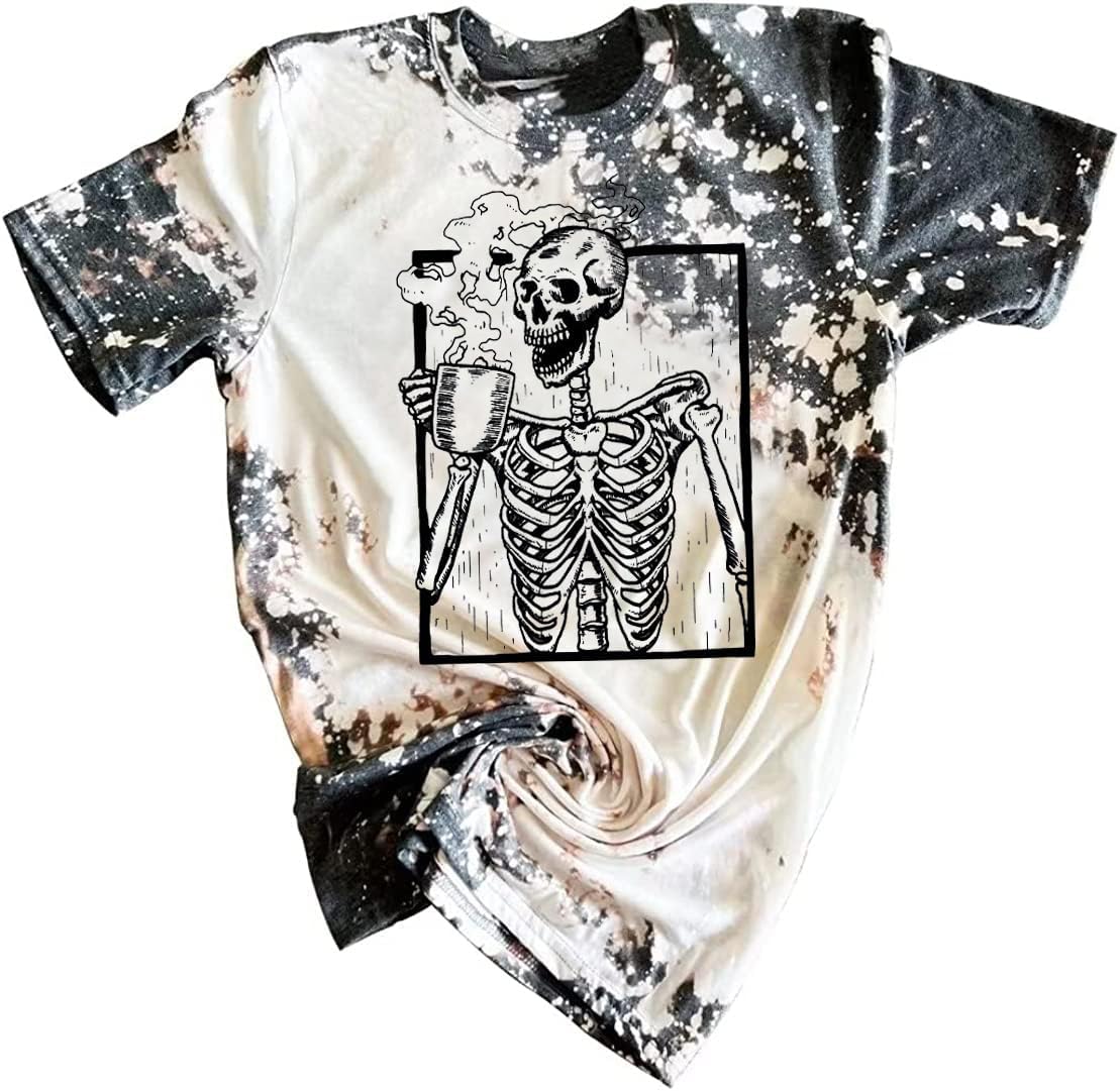 Hot Coffee Skeleton Shirt for Women Halloween Skeleton T-Shirt Funny Fall Skull Graphic Tees Tops Blouse Gift