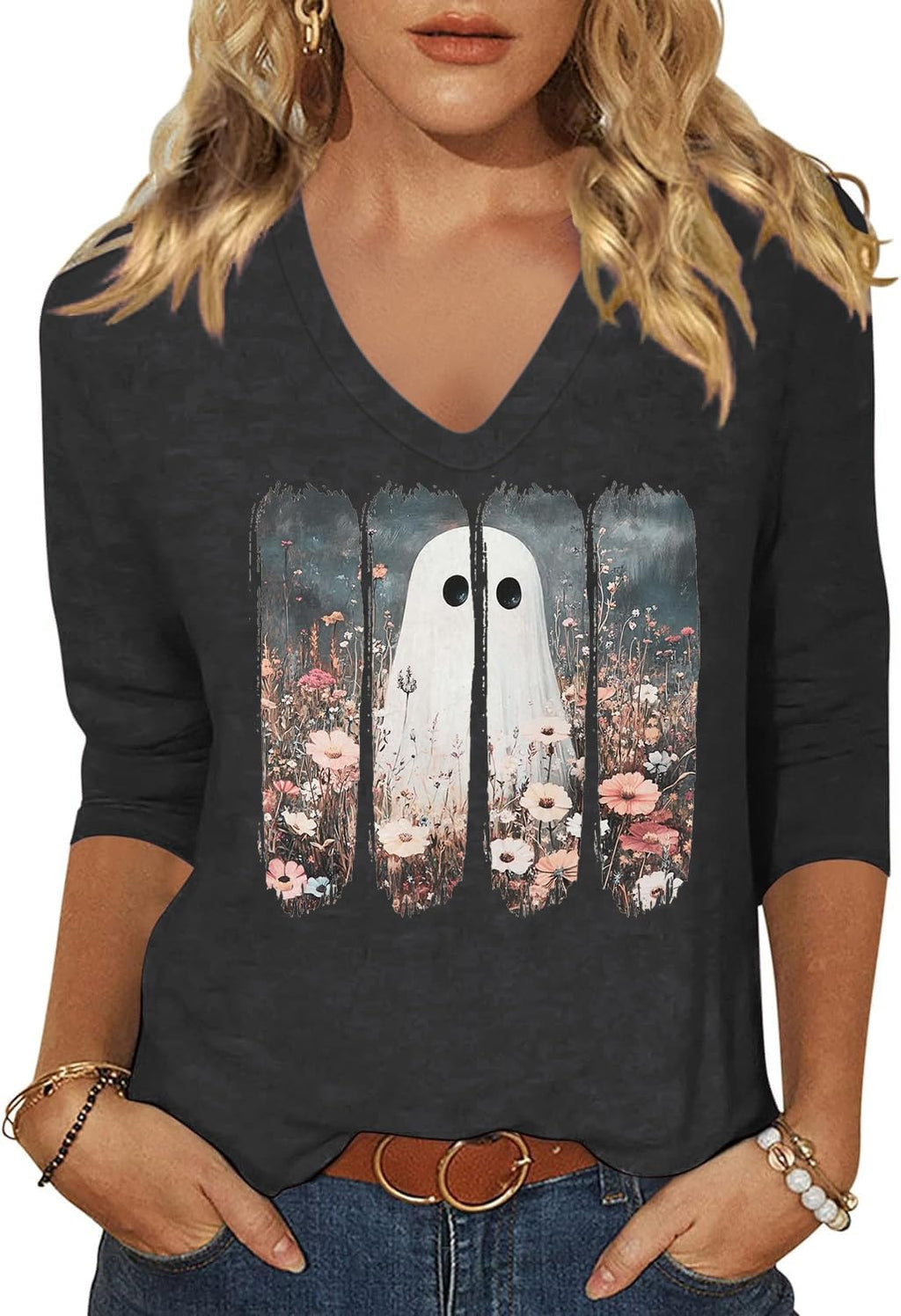 Womens Fall Halloween 3/4 Sleeve V Neck Shirts
