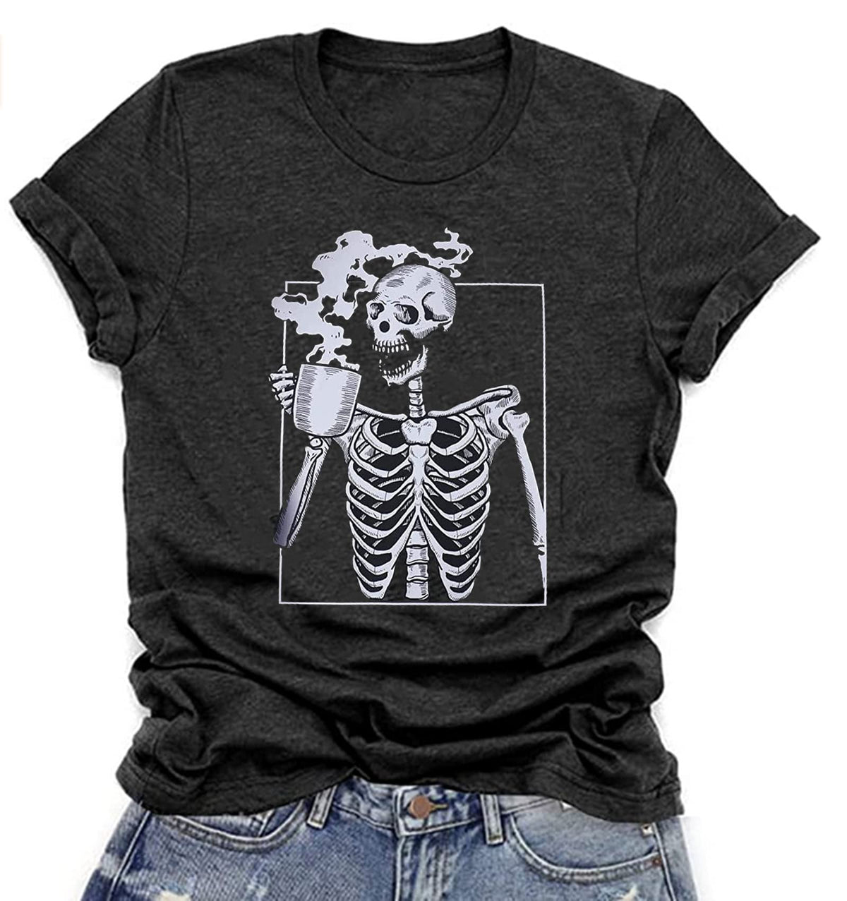 Hot Coffee Skeleton Shirt for Women Halloween Skeleton T-Shirt Funny Fall Skull Graphic Tees Tops Blouse Gift
