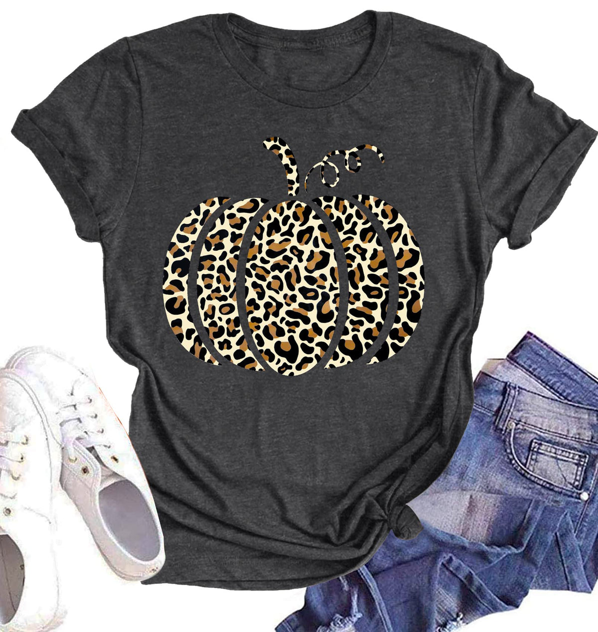 Halloween Pumpkin Shirt Women Leopard Graphic Tees Casual Fall Tops