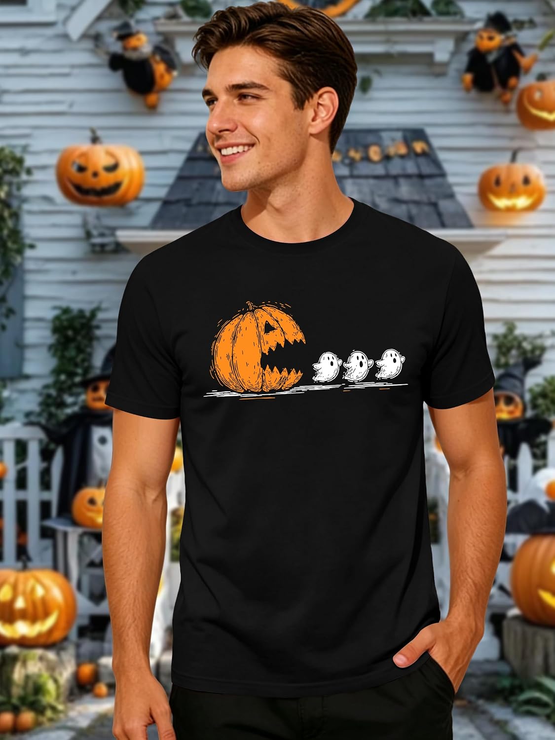 Halloween Shirts for Men Spooky Season Shirt Fall Pumpkin Graphic Tee