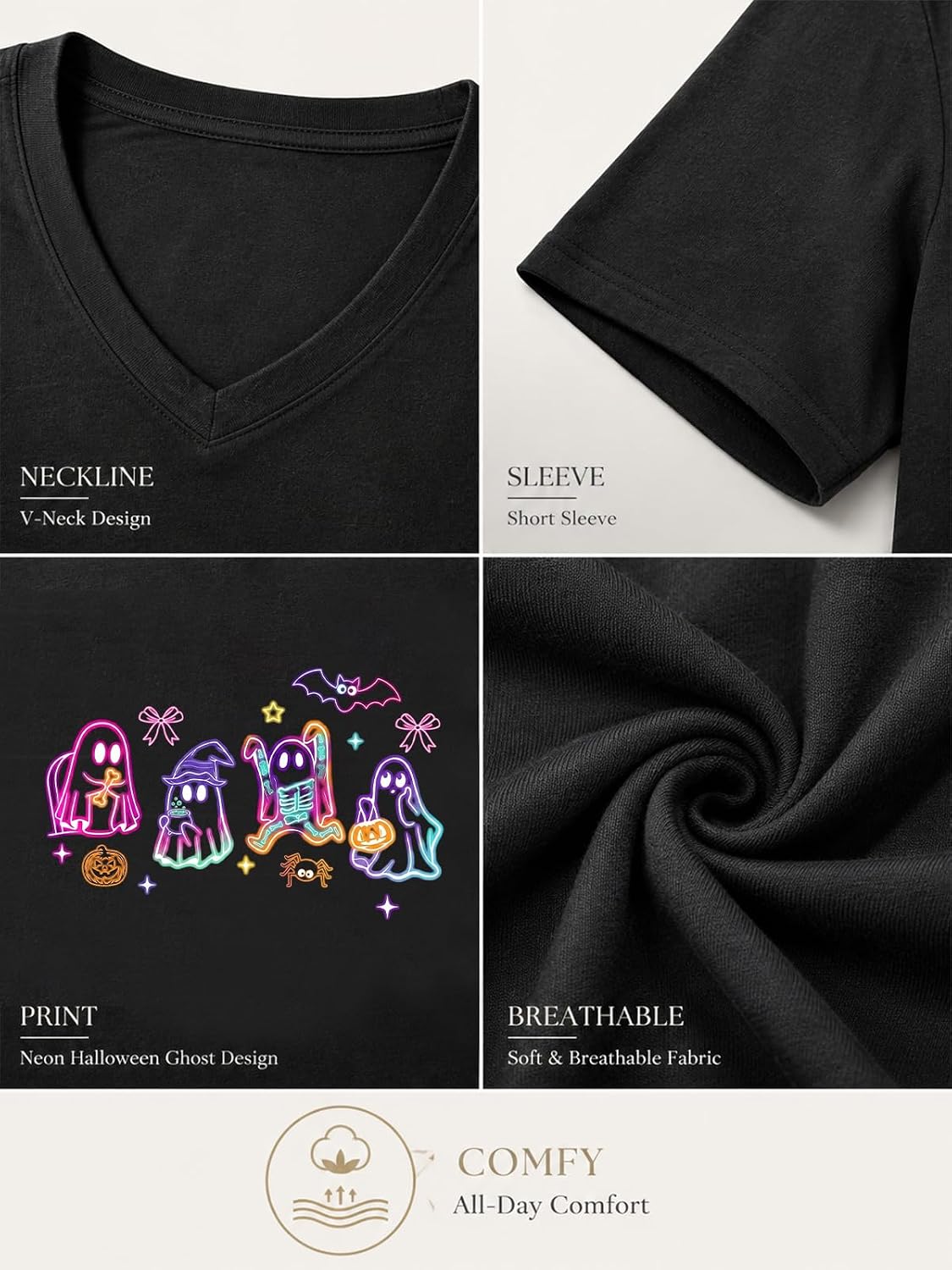 Halloween V Neck T Shirts Women Ghost Boo Pumpkin Tee Holiday Party Tops