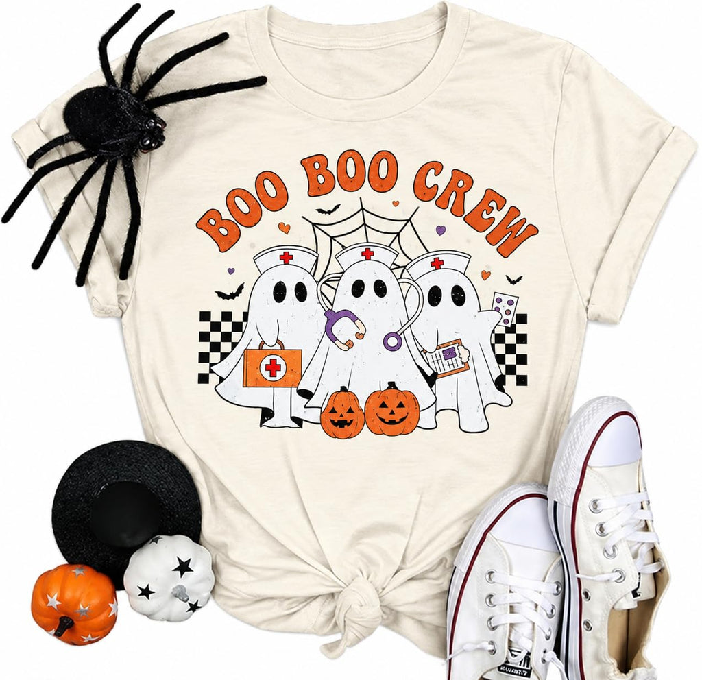 Halloween Nurse Shirts for Women Funny Ghost Nurse Printed Cute Shirts Funny Spooky Halloween Party Short Sleeve Tops