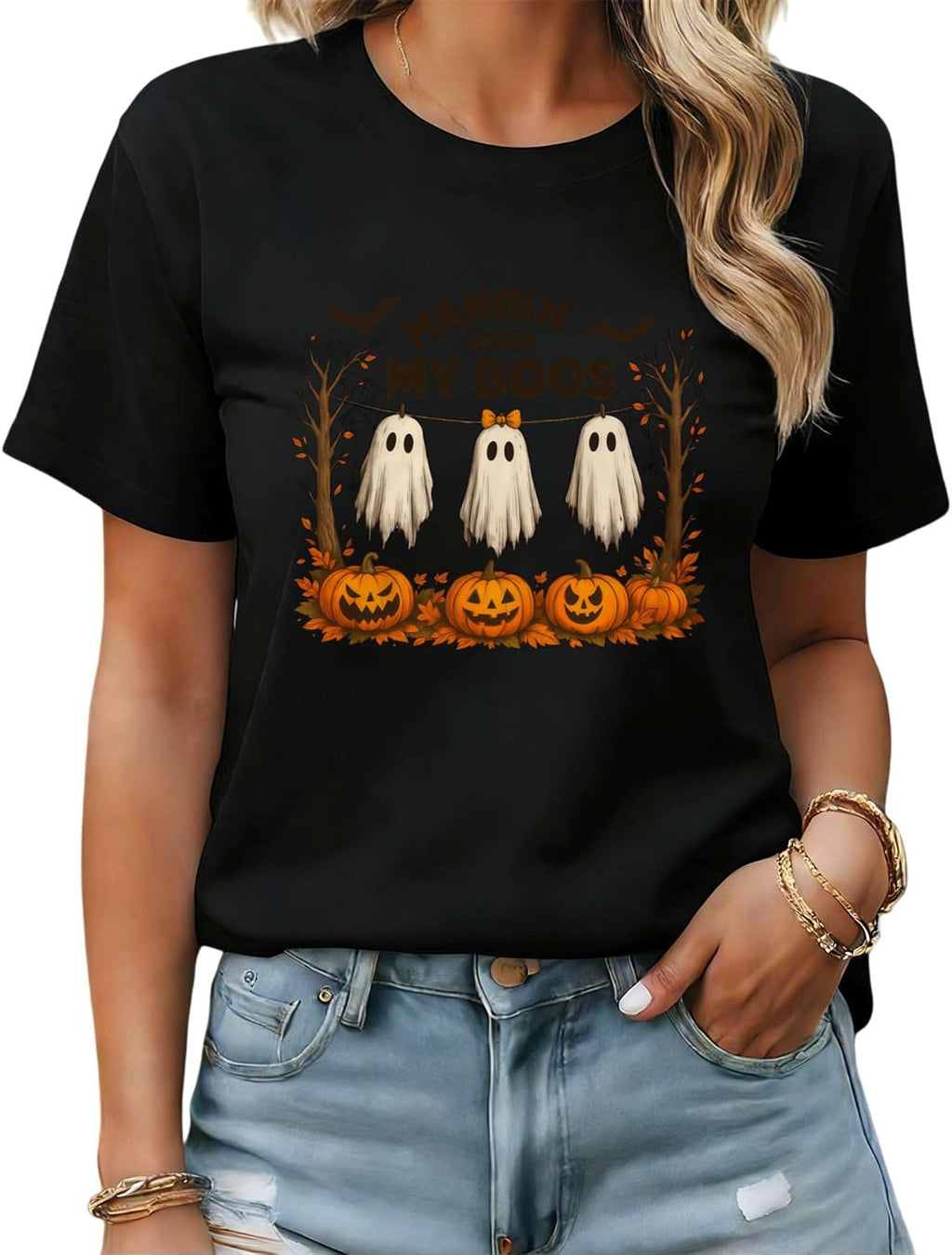 Women's Short Sleeve Crewneck Halloween Graphic Tee Fall Tops