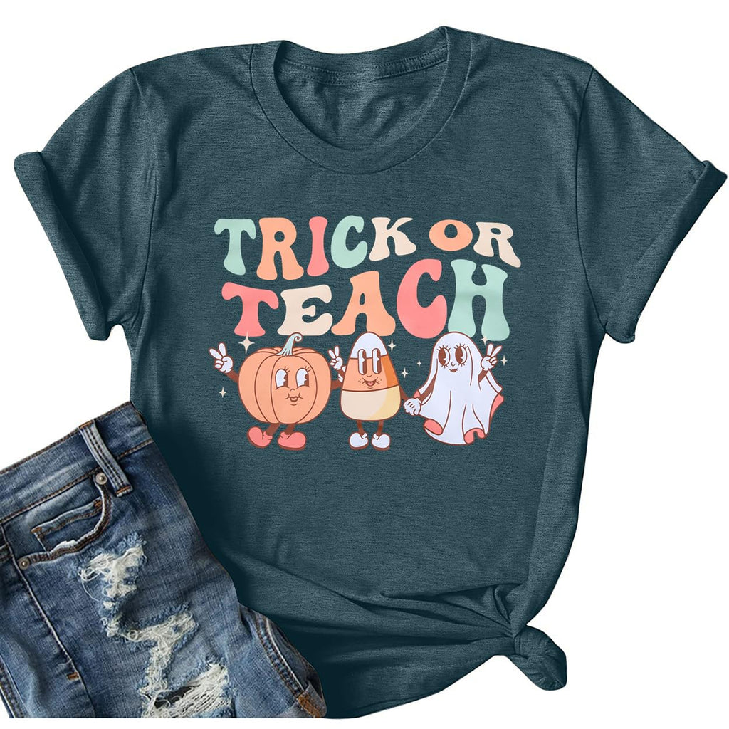 Women Halloween Teacher Shirt Ghost Graphic Short Sleeve Tee Pumpkin Shirts
