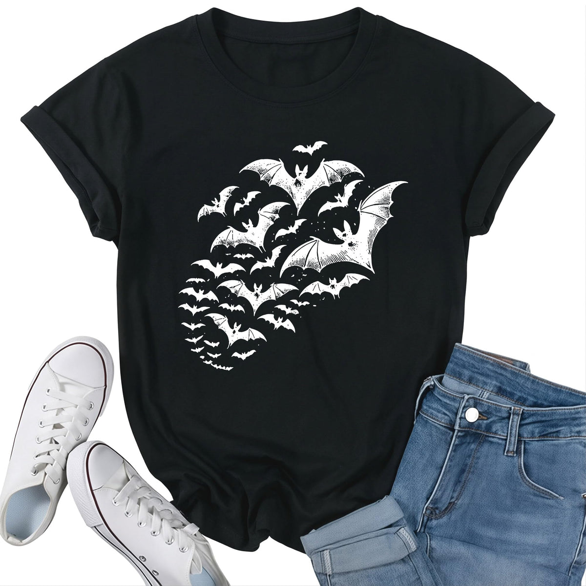 Women's Halloween Graphic T-Shirt Rolled Cuff Sleeve Tee