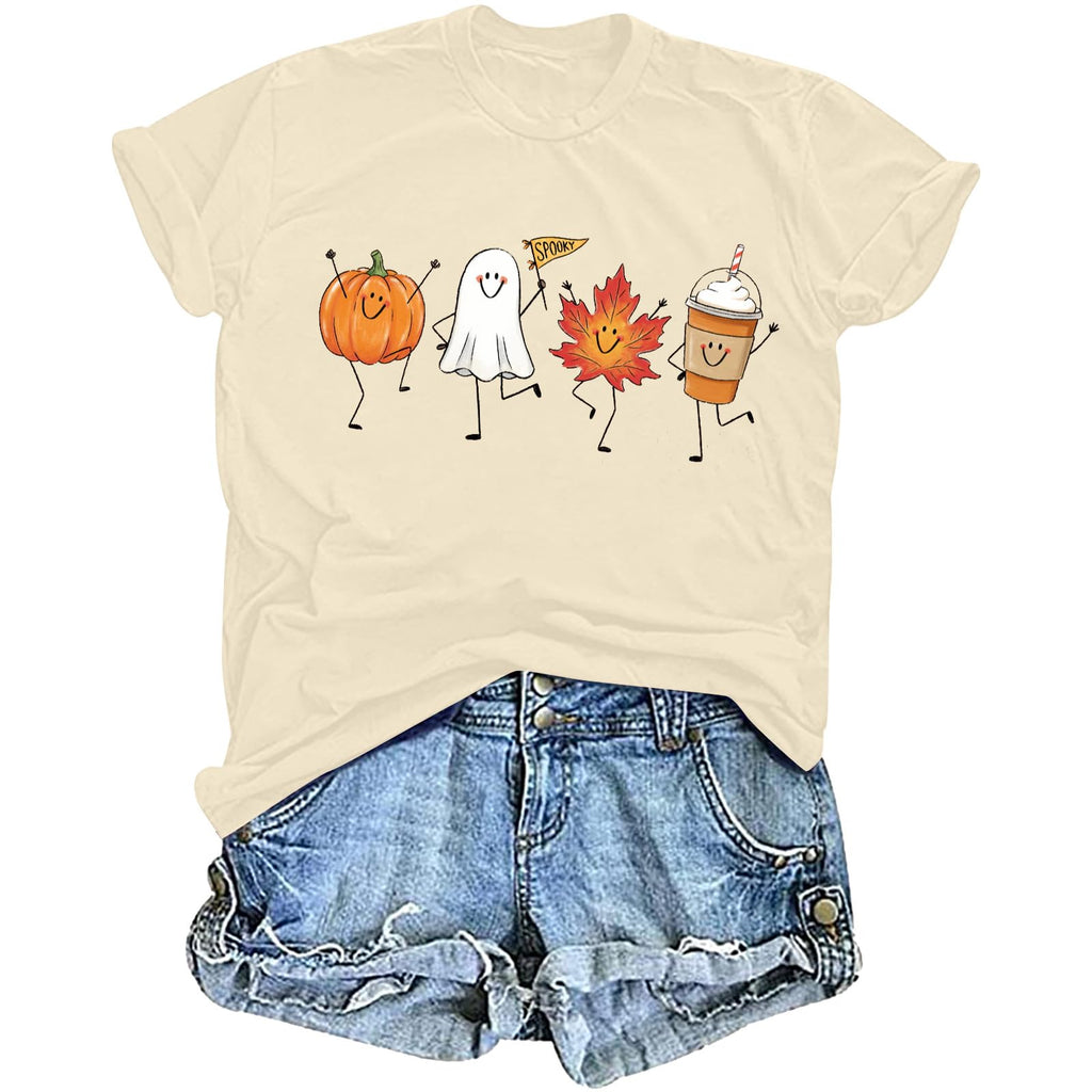 Fall Shirts for Women Funny Halloween Pumpkin Shirt Latte Coffee Graphic Tees Cute Ghost Casual Fall Daily Tops