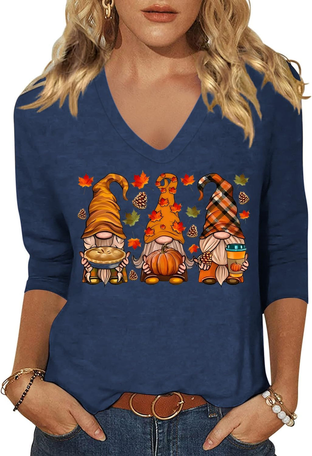 Womens Fall Halloween 3/4 Sleeve V Neck Shirts