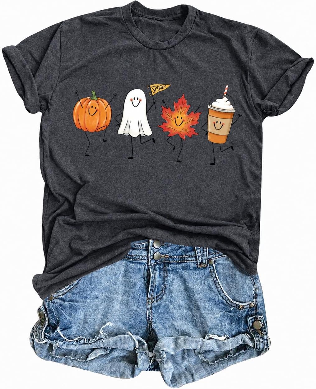 Fall Shirts for Women Funny Halloween Pumpkin Shirt Latte Coffee Graphic Tees Cute Ghost Casual Fall Daily Tops