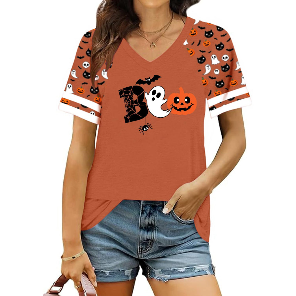Halloween V Neck T Shirts Women Ghost Boo Pumpkin Tee Holiday Party Tops