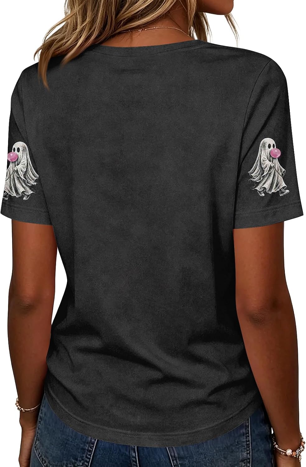 Cute Halloween Shirts for Women Crewneck Short Sleeve Witch Bat Pumpkin Boo