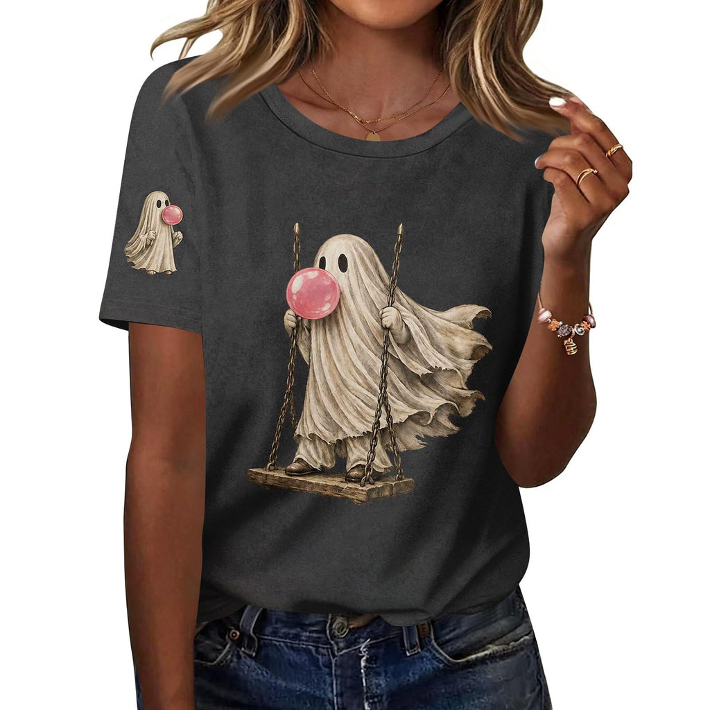 Cute Halloween Shirts for Women Crewneck Short Sleeve Witch Bat Pumpkin Boo