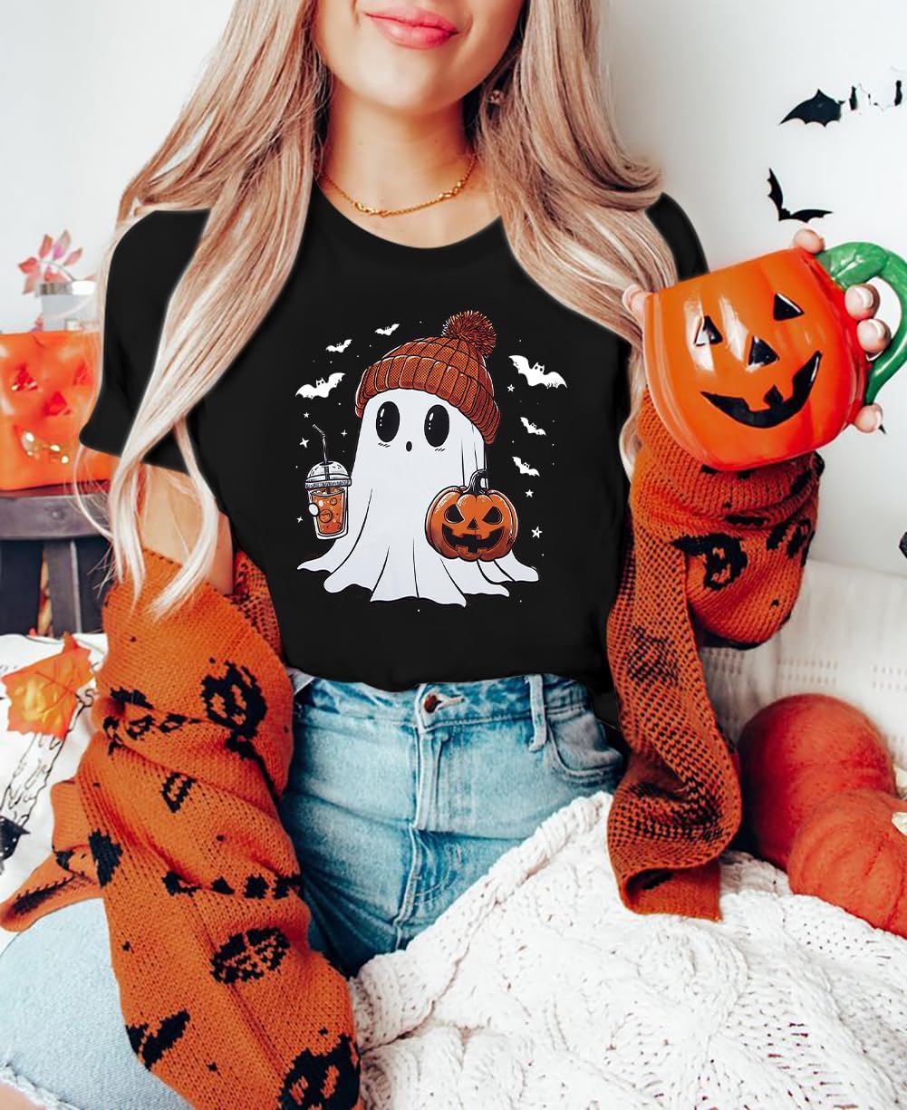 Halloween Shirts for Women Cute Ghost Shirt Fall Spooky Season Tshirt
