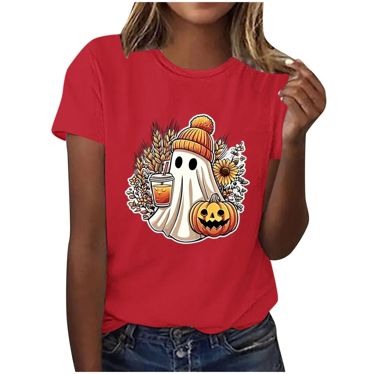 Women Retro Ghost Sunflower Pumpkin Crew Neck Short Sleeve Shirt