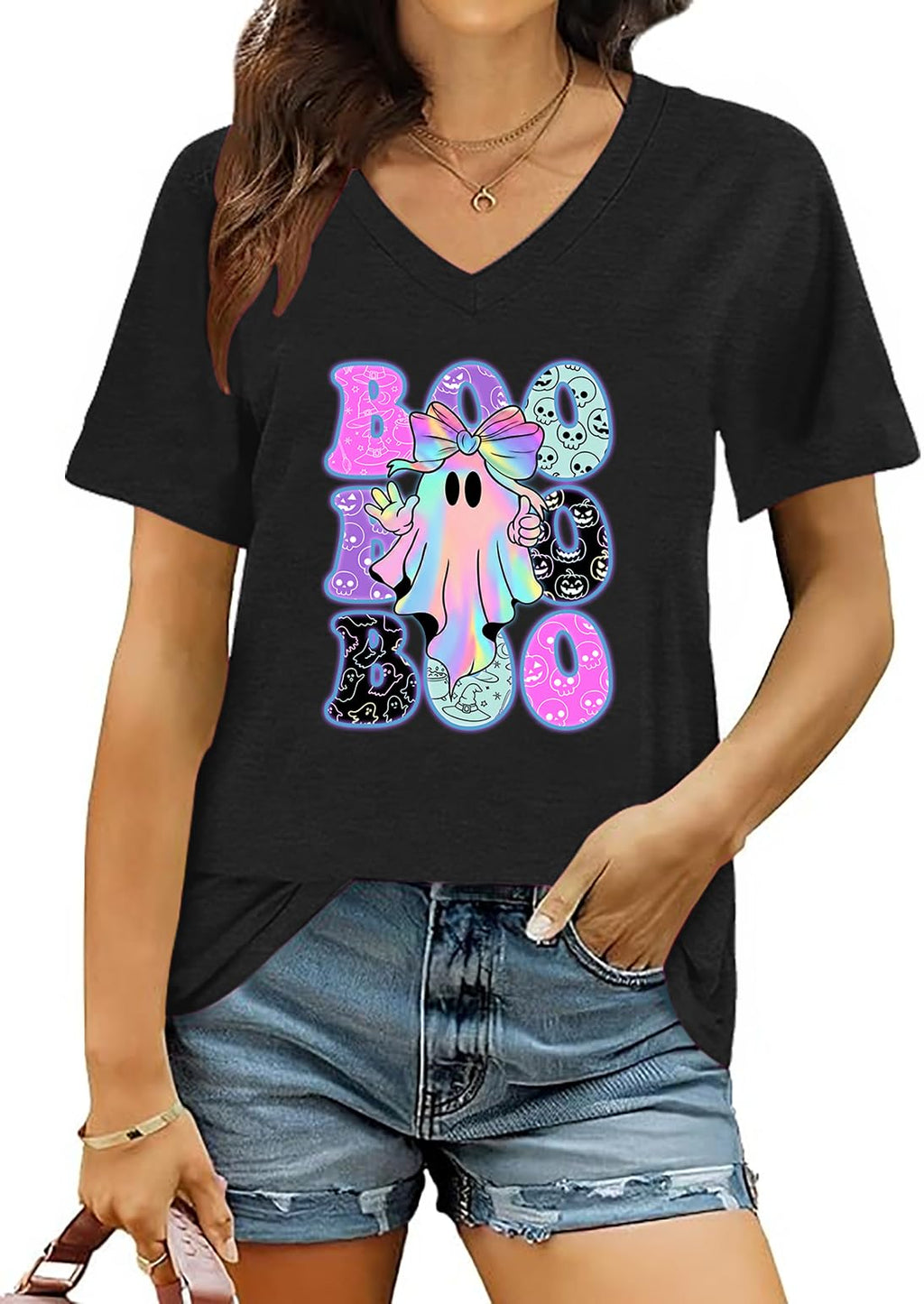 Halloween V Neck T Shirts Women Ghost Boo Pumpkin Tee Holiday Party Tops