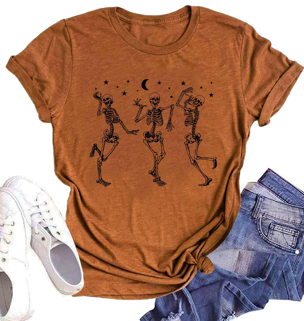 Hot Coffee Skeleton Shirt for Women Halloween Skeleton T-Shirt Funny Fall Skull Graphic Tees Tops Blouse Gift