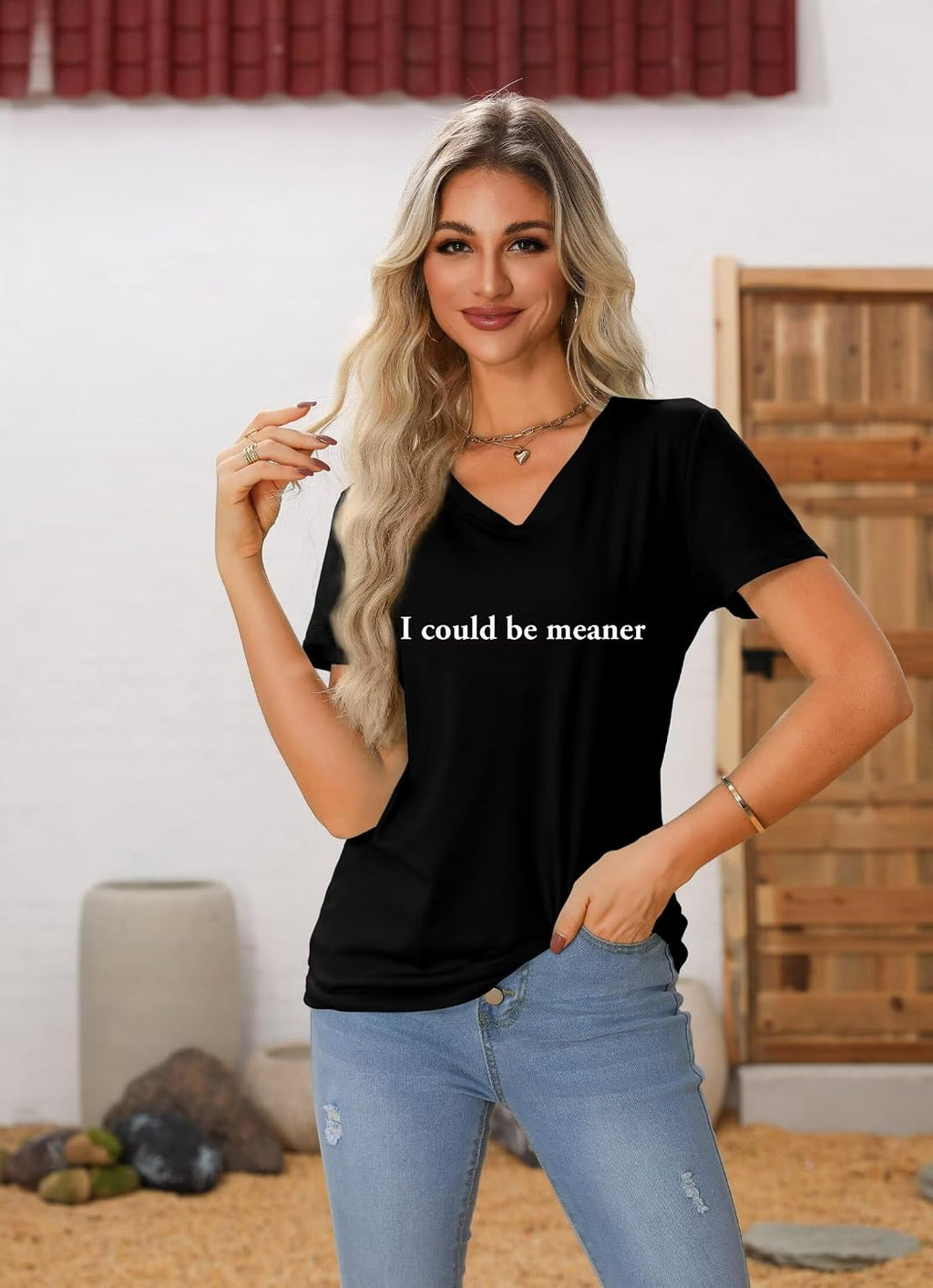 I Could Be Meaner T Shirt Funny T Shirts for Women V Neck Graphic Tees Vintage Casual Short Sleeve Sarcastic Tops