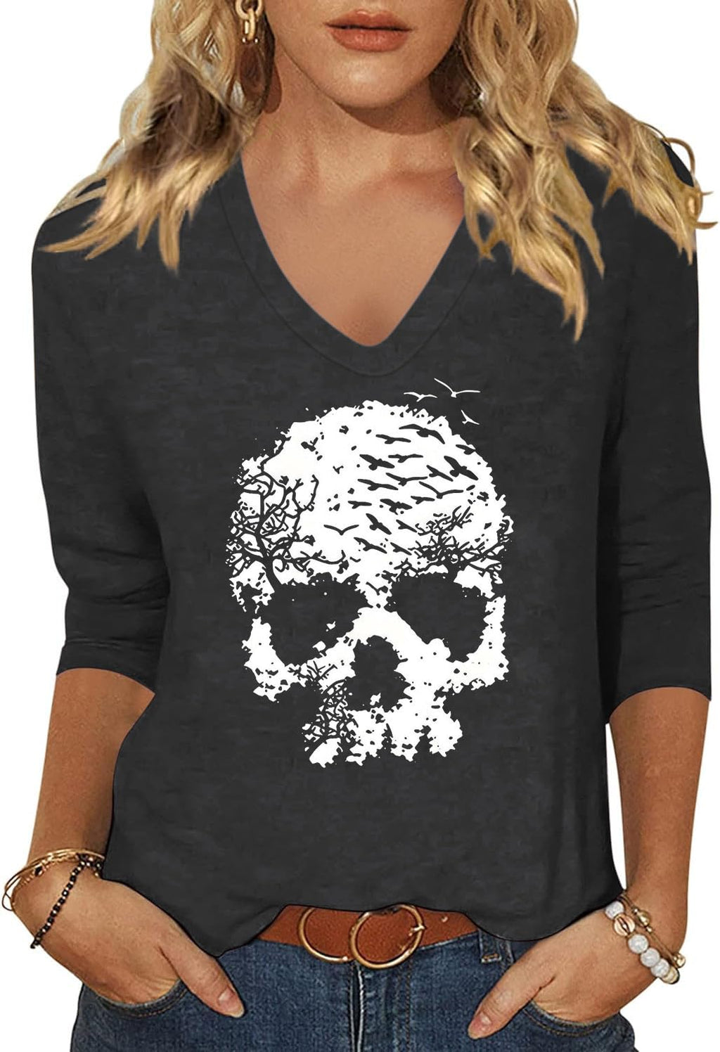 Womens Fall Halloween 3/4 Sleeve V Neck Shirts
