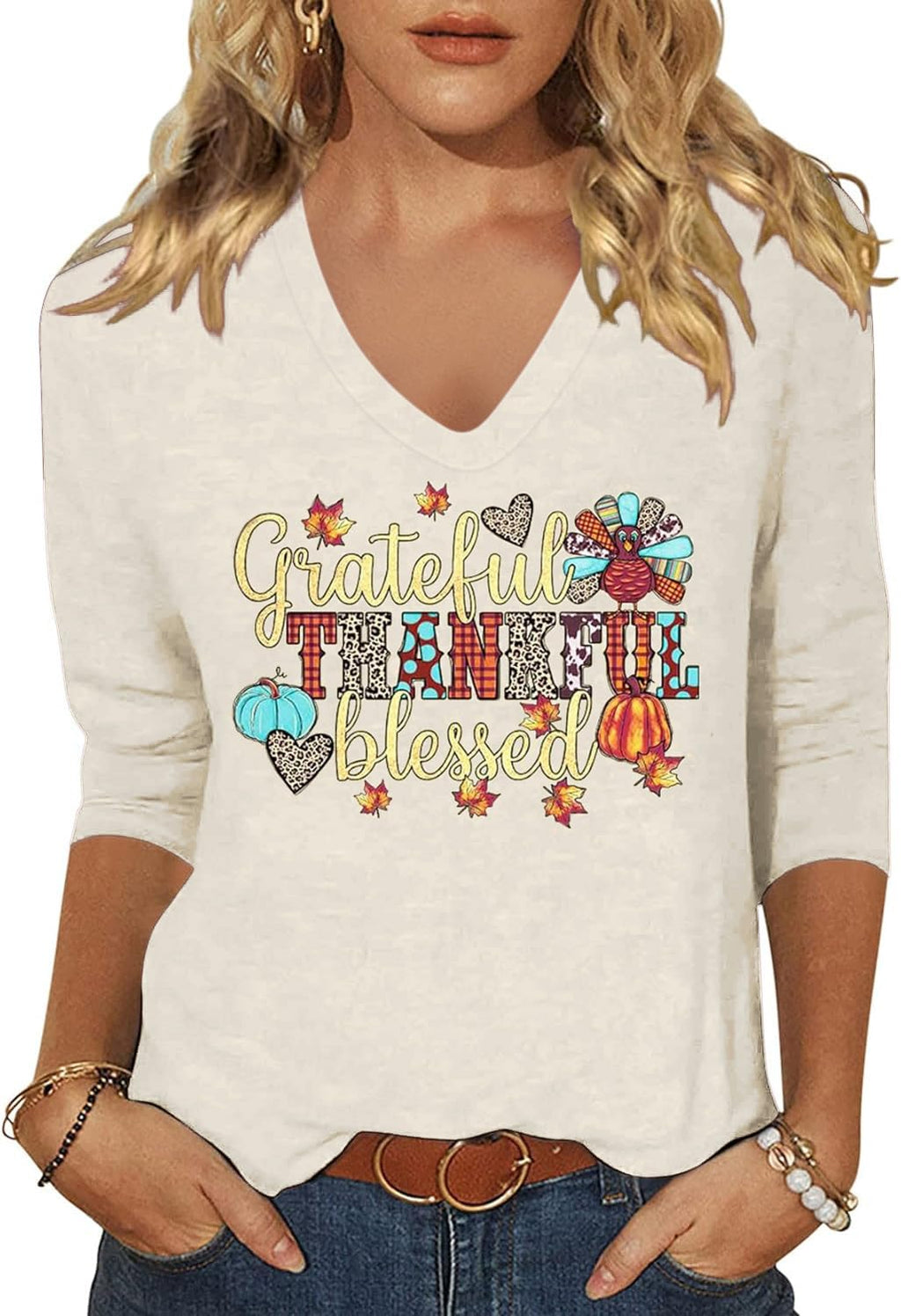 Womens Fall Halloween 3/4 Sleeve V Neck Shirts