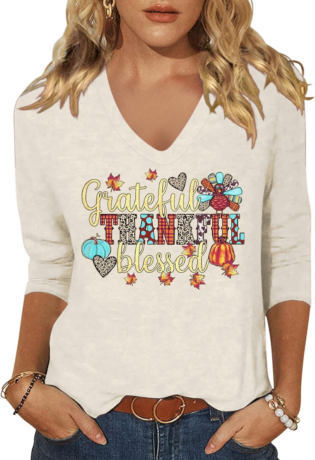 Womens Fall Halloween 3/4 Sleeve V Neck Shirts