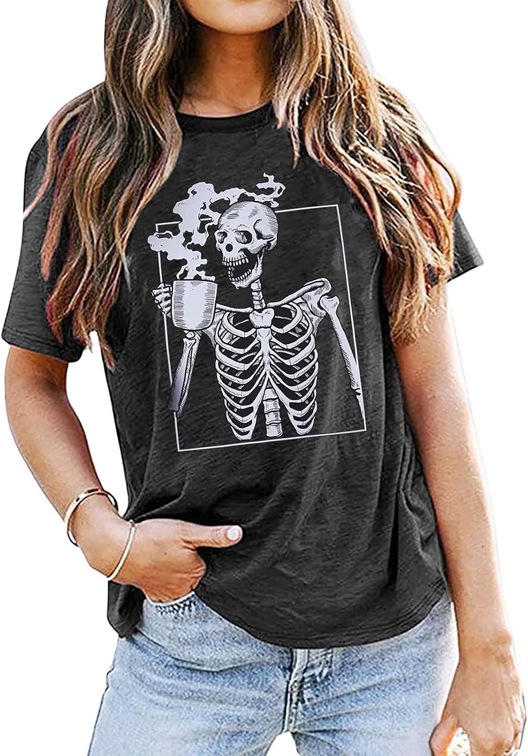 Hot Coffee Skeleton Shirt for Women Halloween Skeleton T-Shirt Funny Fall Skull Graphic Tees Tops Blouse Gift