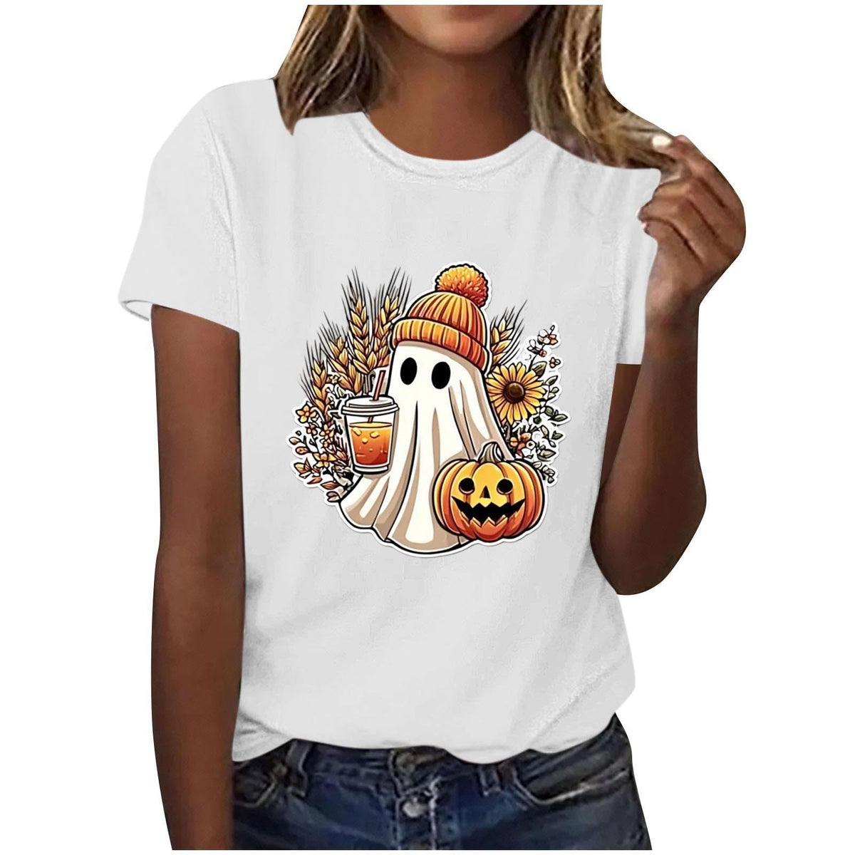 Women Retro Ghost Sunflower Pumpkin Crew Neck Short Sleeve Shirt
