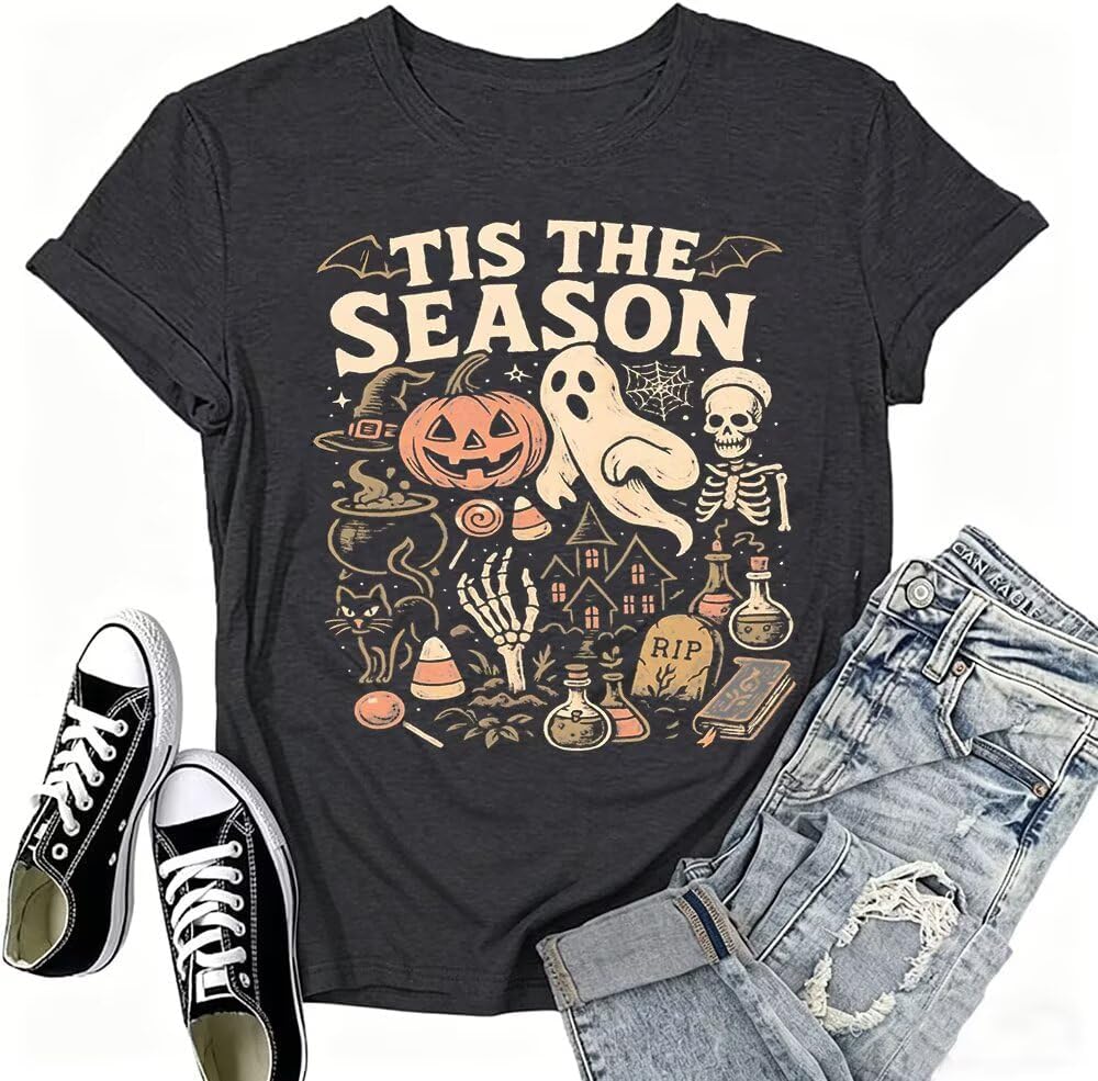 Hot Coffee Skeleton Shirt for Women Halloween Skeleton T-Shirt Funny Fall Skull Graphic Tees Tops Blouse Gift