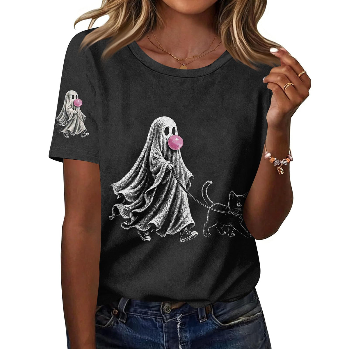 Cute Halloween Shirts for Women Crewneck Short Sleeve Witch Bat Pumpkin Boo