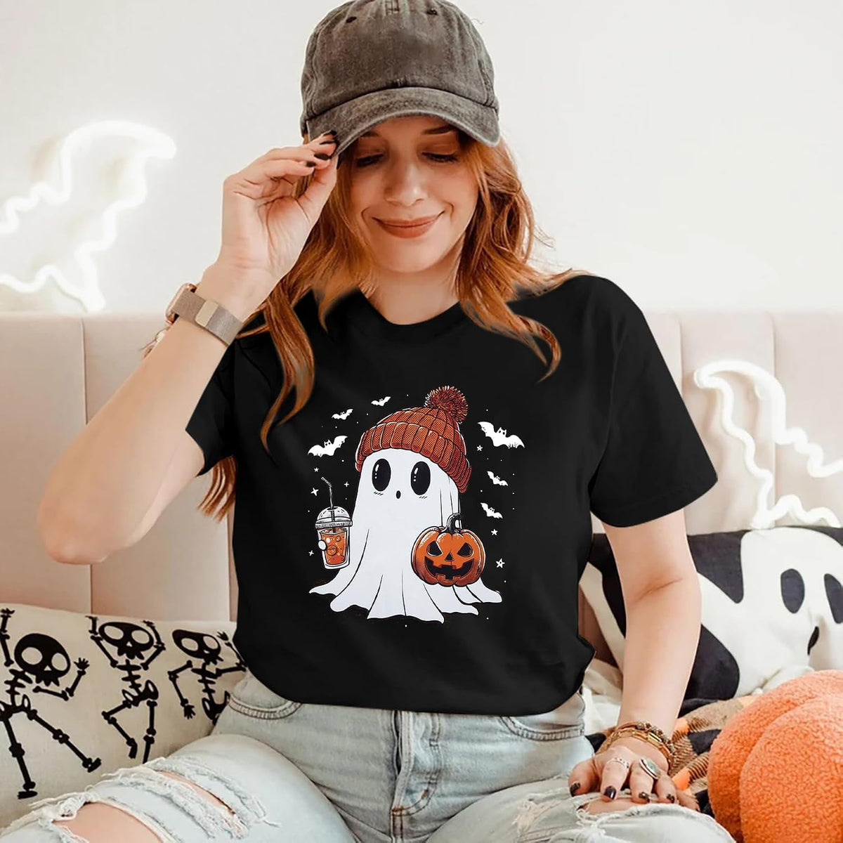 Halloween Shirts for Women Cute Ghost Shirt Fall Spooky Season Tshirt