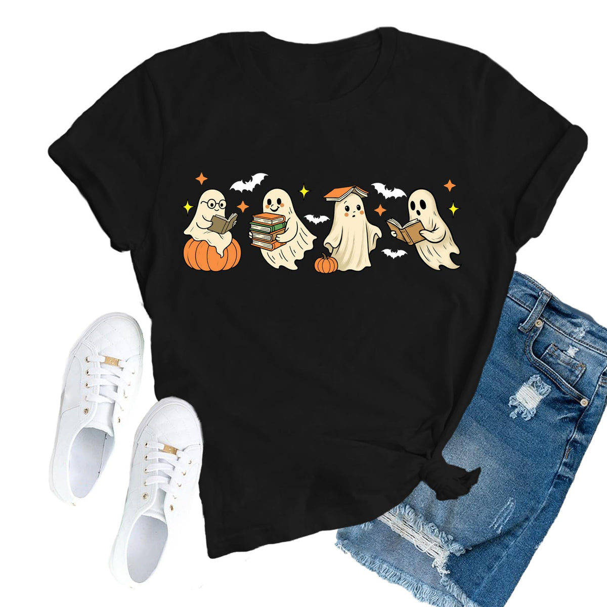 Womens Halloween Reader Shirts Ghost Pumpkin T-Shirt