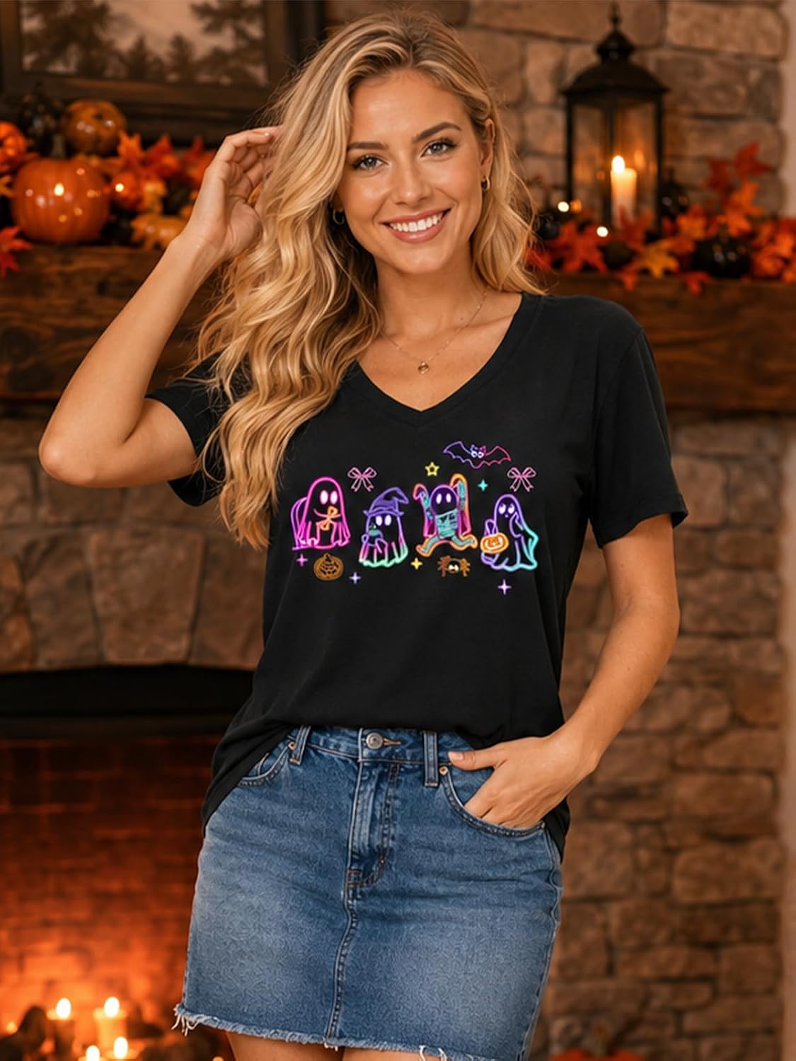 Halloween V Neck T Shirts Women Ghost Boo Pumpkin Tee Holiday Party Tops