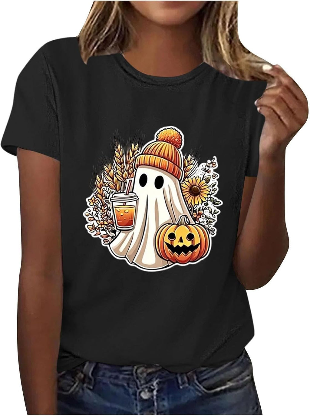 Women Retro Ghost Sunflower Pumpkin Crew Neck Short Sleeve Shirt