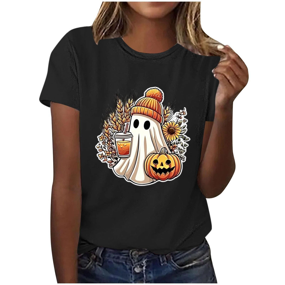 Women Retro Ghost Sunflower Pumpkin Crew Neck Short Sleeve Shirt