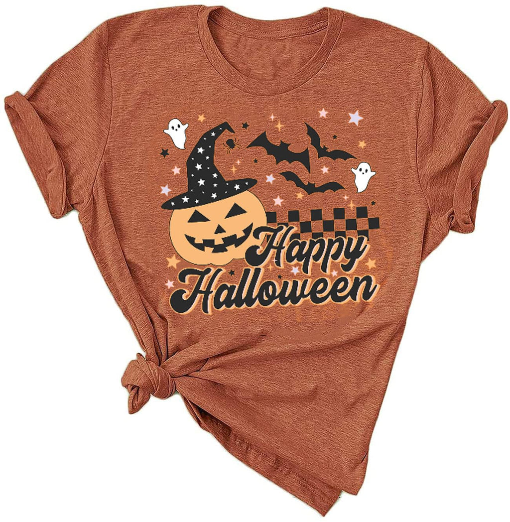 Halloween Shirts for Women Novelty Pumpkin Graphic Print Thanksgiving Fall Tee Tops