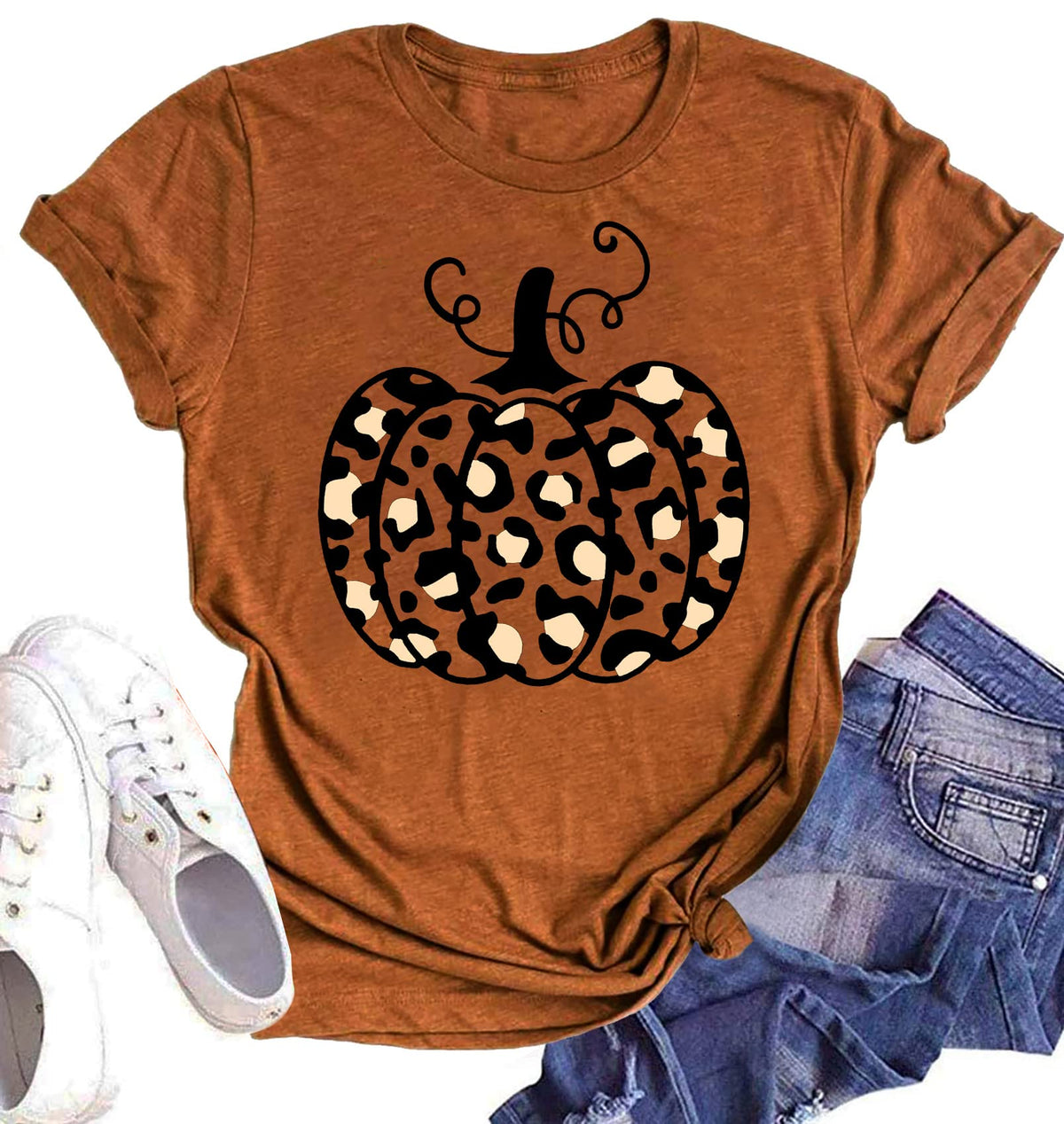 Halloween Pumpkin Shirt Women Leopard Graphic Tees Casual Fall Tops
