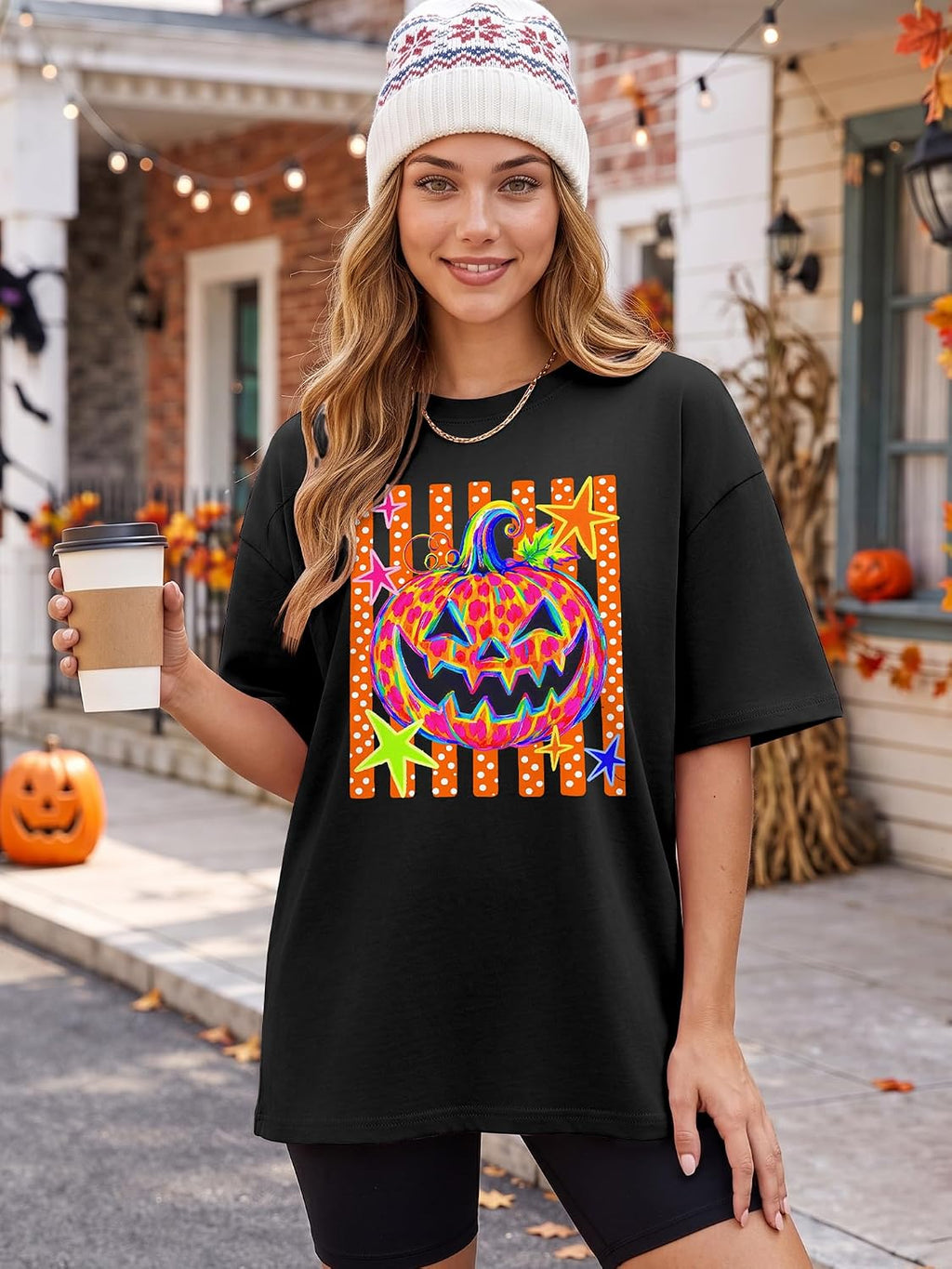 Women Halloween Shirt Oversized Funny Ghost Pumpkin Graphic Fall Tee