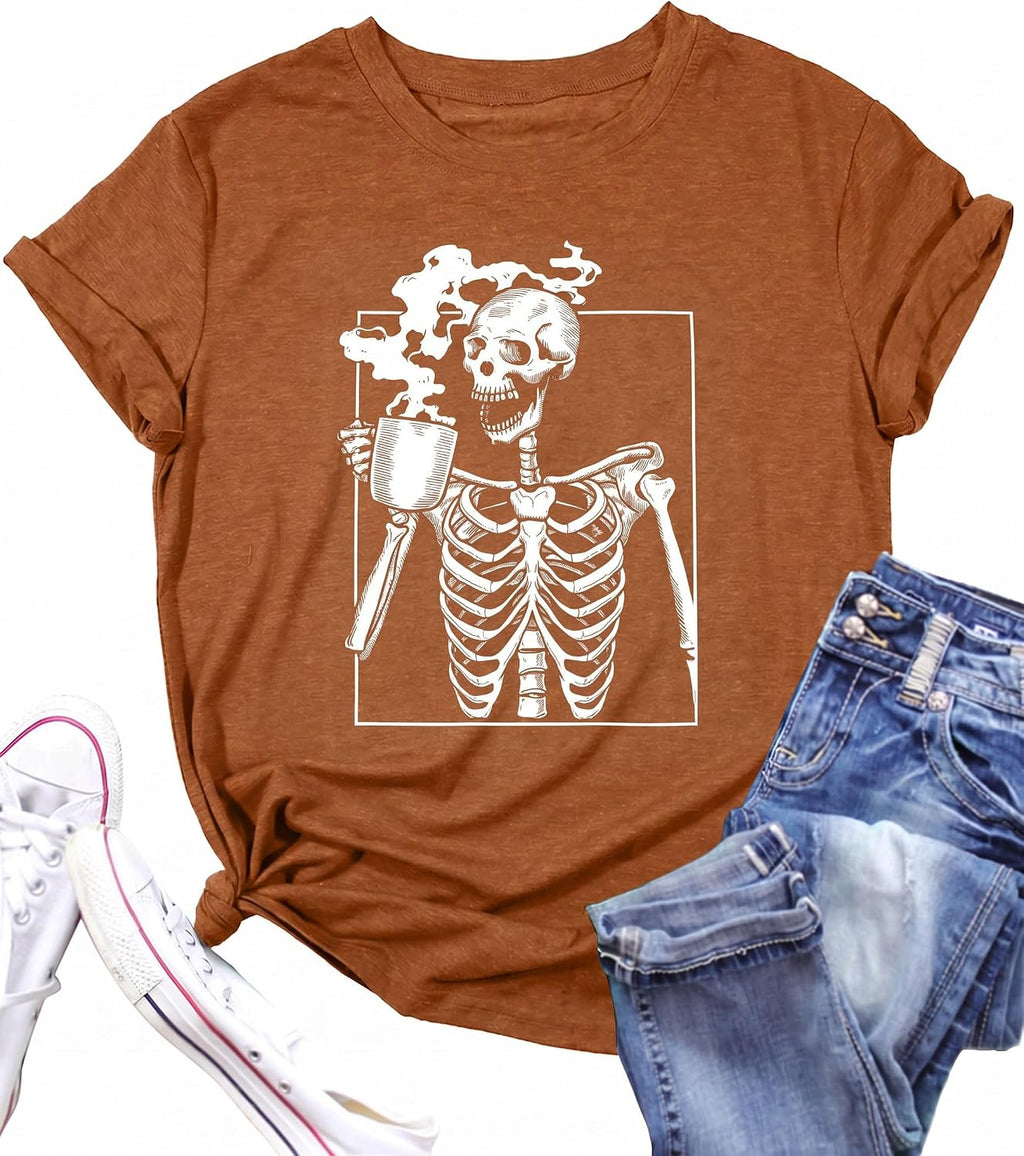 Hot Coffee Skeleton Shirt for Women Halloween Skeleton T-Shirt Funny Fall Skull Graphic Tees Tops Blouse Gift