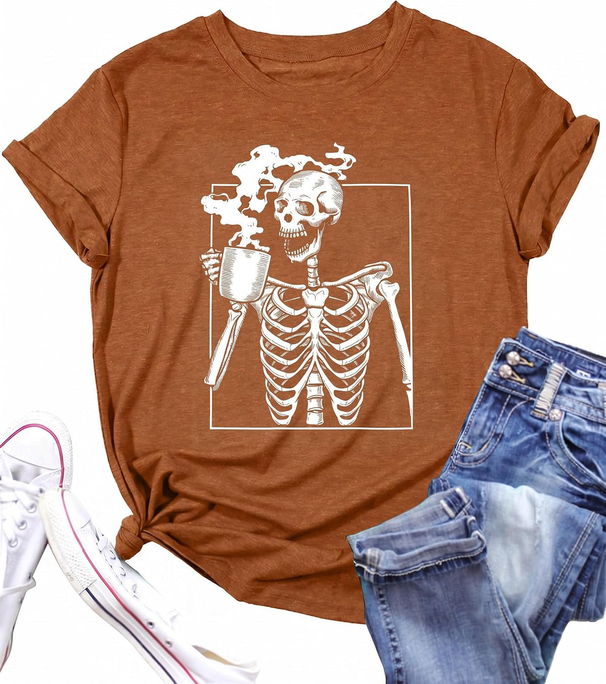Hot Coffee Skeleton Shirt for Women Halloween Skeleton T-Shirt Funny Fall Skull Graphic Tees Tops Blouse Gift