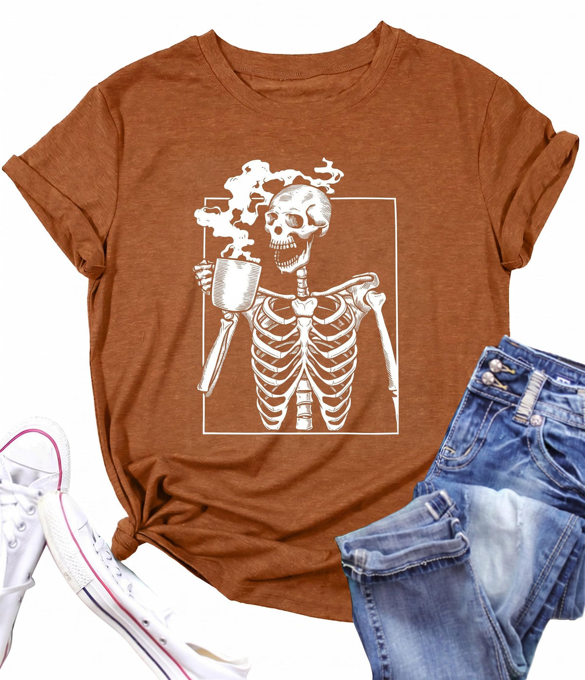 Hot Coffee Skeleton Shirt for Women Halloween Skeleton T-Shirt Funny Fall Skull Graphic Tees Tops Blouse Gift