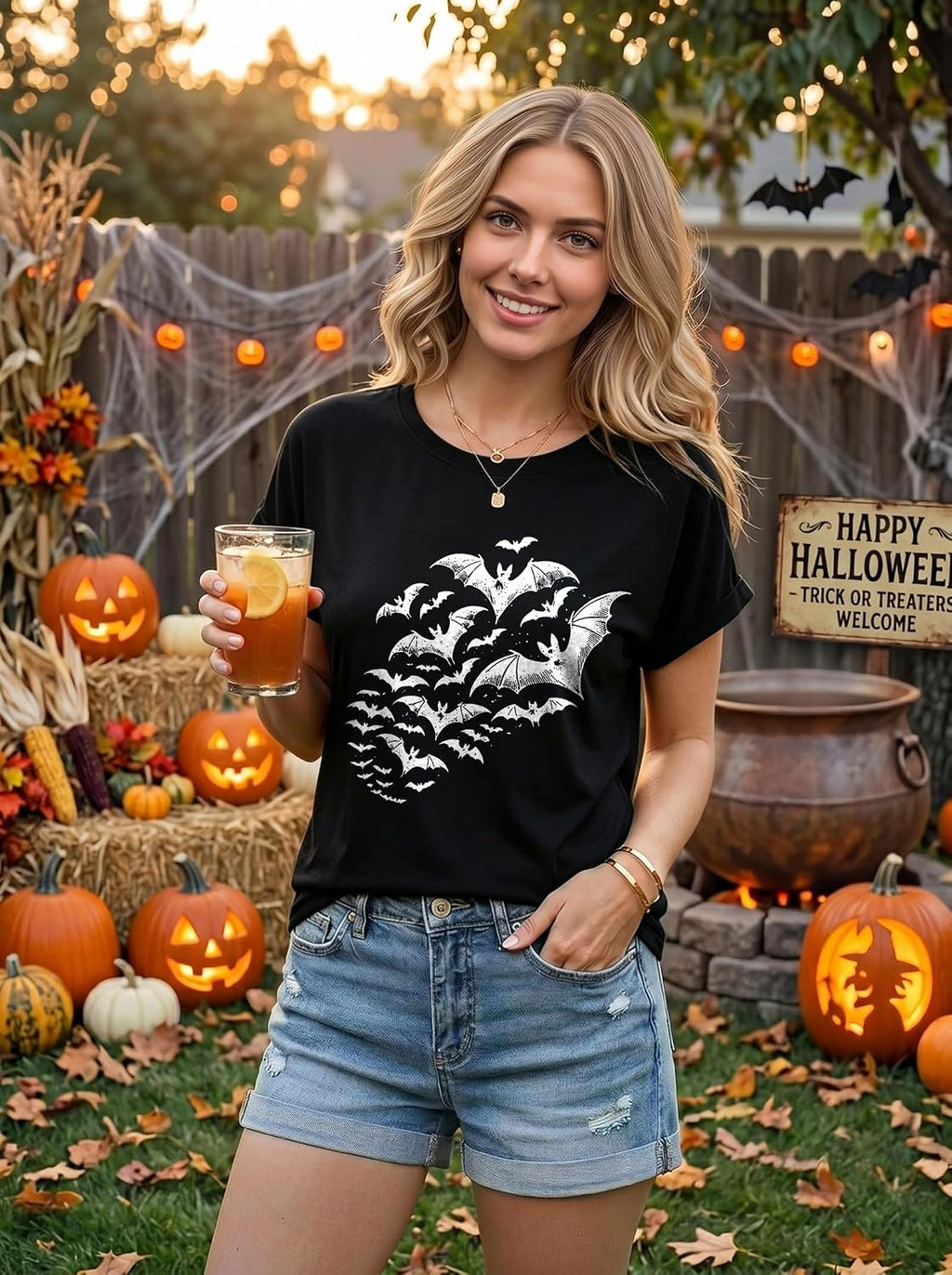 Women's Halloween Graphic T-Shirt Rolled Cuff Sleeve Tee