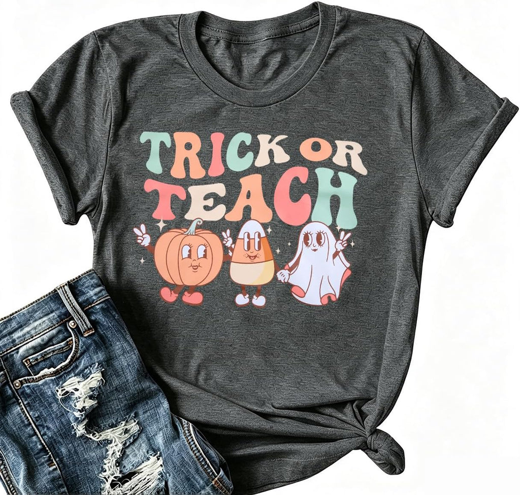 Women Halloween Teacher Shirt Ghost Graphic Short Sleeve Tee Pumpkin Shirts